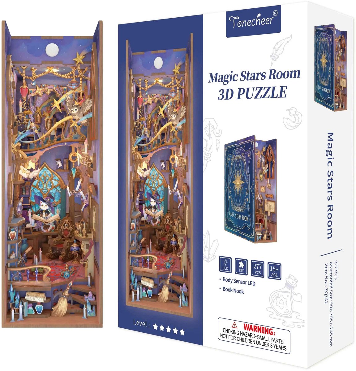 Tonecheer TQ142 Magic Stars Room Book Nook Bouwpakket | Miniatuur huisjes pakket modelbouw voor volwassenen | Houten 3D Puzzel | Woonkamer decoratie boekensteun | Bewegingssensor led lights verlichting | DIY boekenhouder collectie — afbeelding 2
