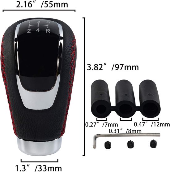 Universele versnellingspookknop met 3 adapters 8 mm, 10 mm, 12 mm voor handgeschakelde auto's, aluminiumlegering en leer (zwart en rood) van Merkloos — afbeelding 4