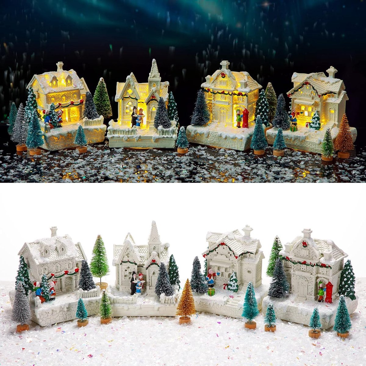 Set Kerstdorp Accessoires met Verlichte Huizen en Besneeuwde Bomen voor Tafeldecoratie