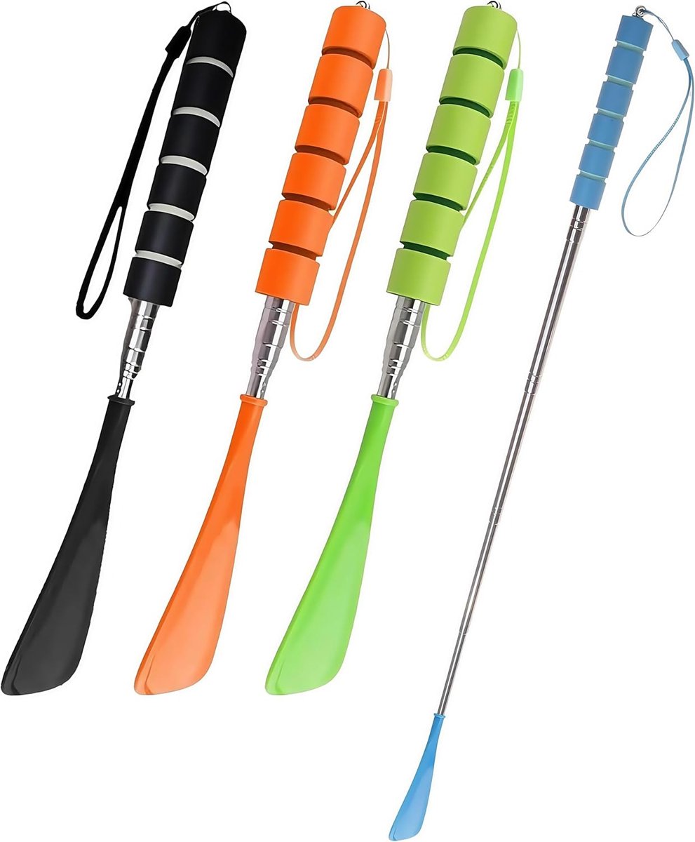 Telescopische Schoenpuller 4 Stuks – Verstelbaar 29-70 cm – Lang en Kort – Kunststof & Metaal – Voor Mannen, Vrouwen, Kinderen – Handig Hulpmiddel voor Schoenen Aantrekken – Comfortabele Ergonomische Handgreep – Incl. Sleutelhangring – 4 Kleuren