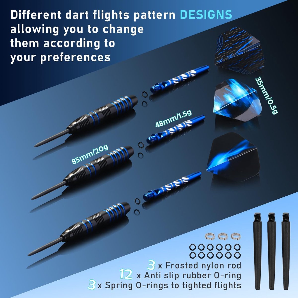 Set van 3 Dartpijlen met Stalen Punt, 22 Gram - Inclusief Schachten, Nylon Stangen, Slijper en Geschenkdoos
