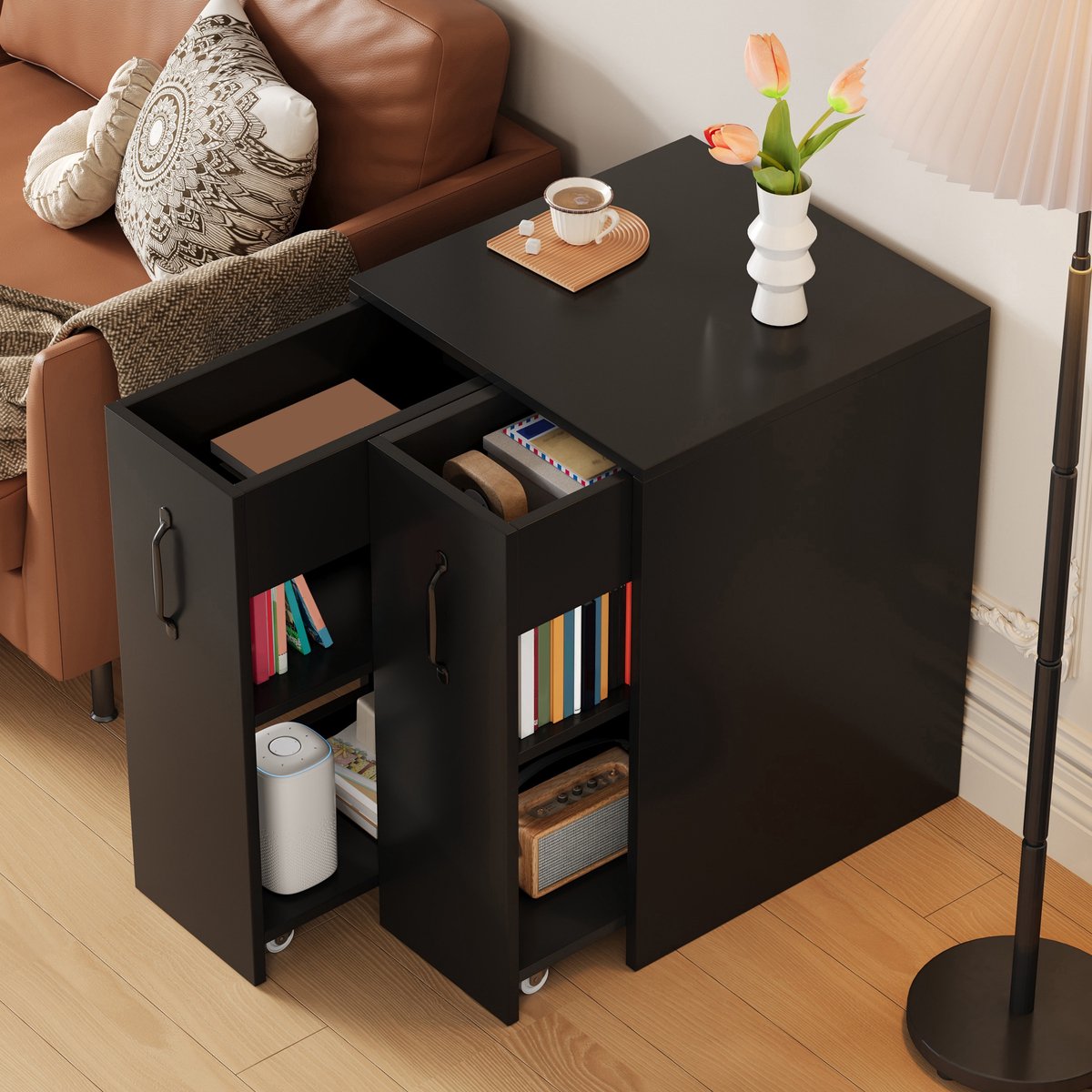 Verrijdbare Bijzetkast met 2 Schuifladen - Zwart Nachtkastje op Wieltjes - Boekenkast met 3 Niveaus - Compacte Opbergkast voor Kantoor & Woonkamer - Omkeerbaar