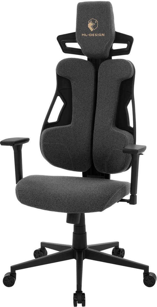 Gaming stoel met armleuning, hoofdsteun en lendensteun grijs, gemaakt van stof ML-Design