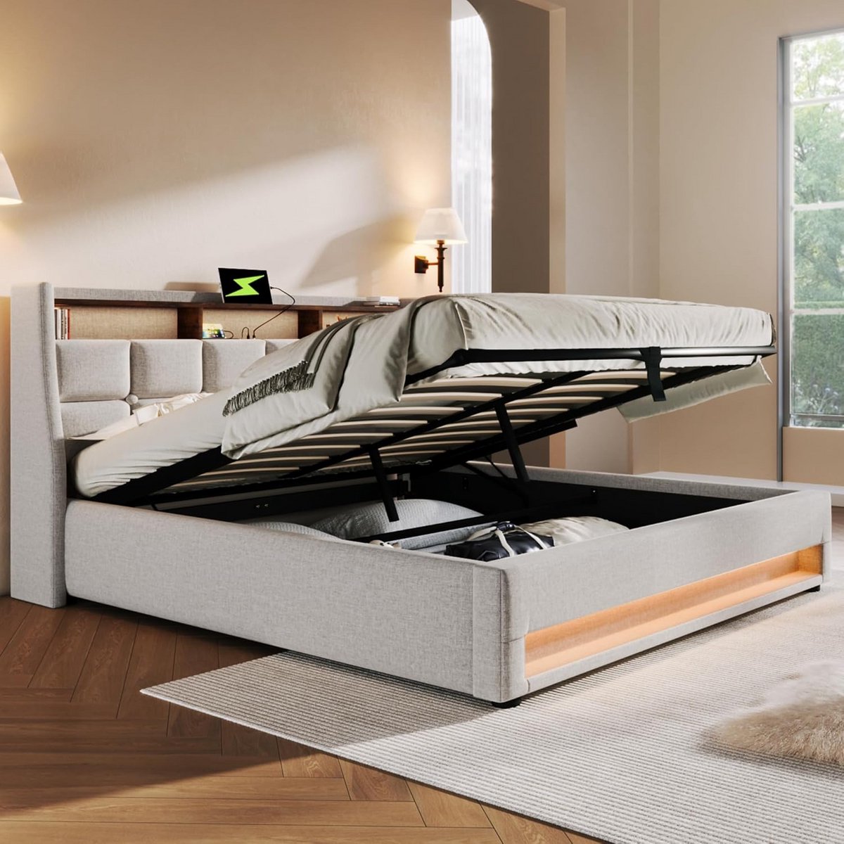 Gestoffeerd LED tweepersoonsbed 140x200cm met USB en opbergruimte