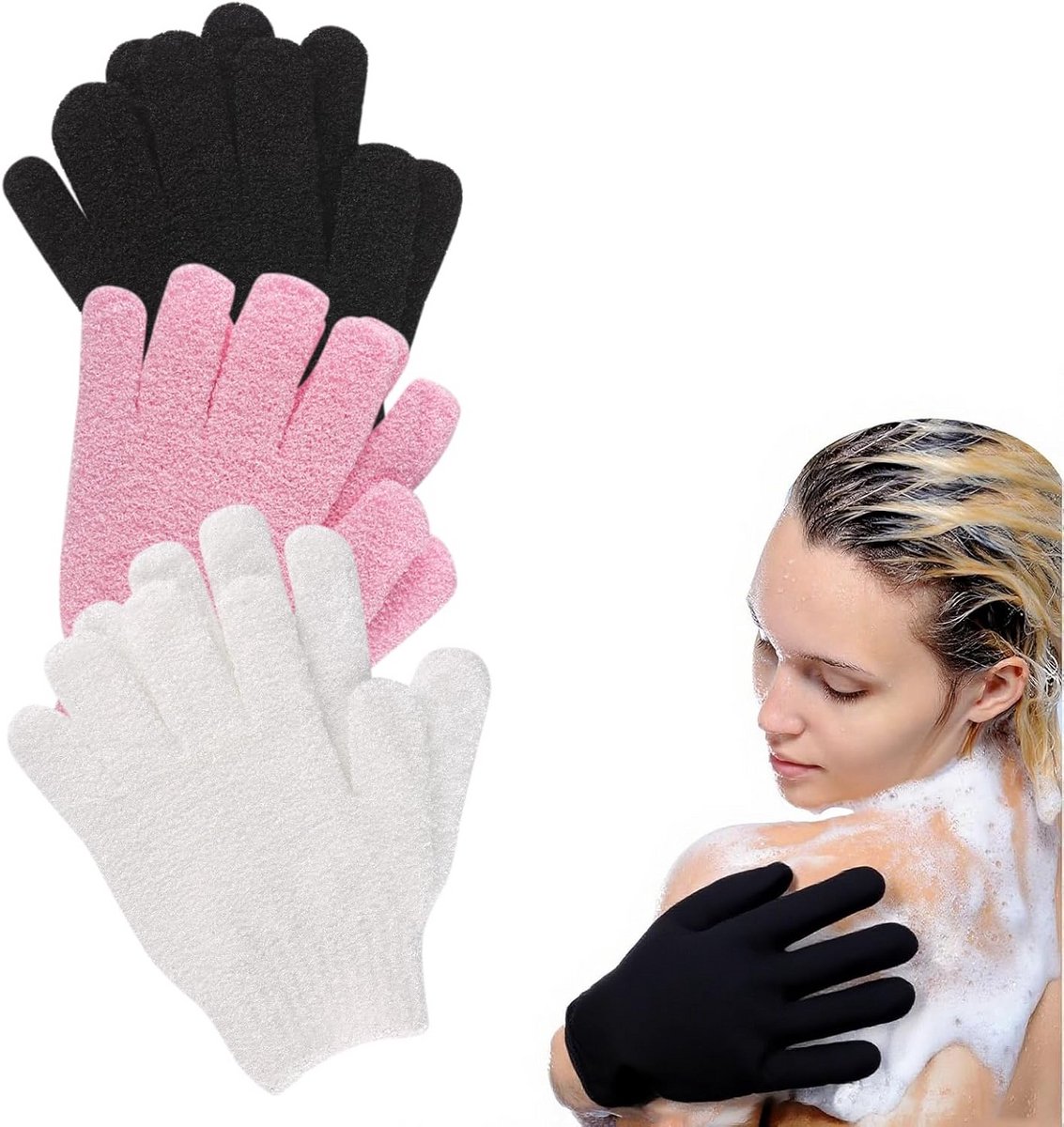 Douchehandschoenen voor Scrubben en Diep Reinigende Bodyscrub - Zwart, Roze, Wit
