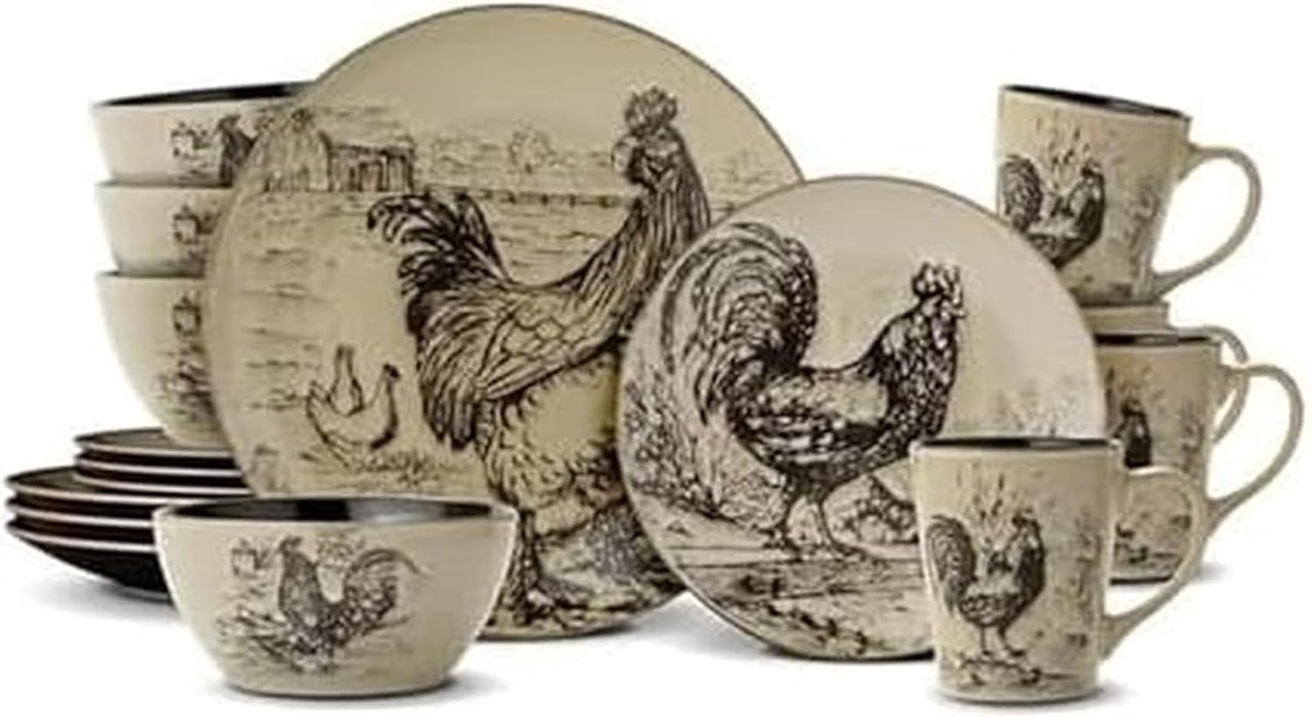 16-delige steengoed servies set met uniek haan ontwerp
