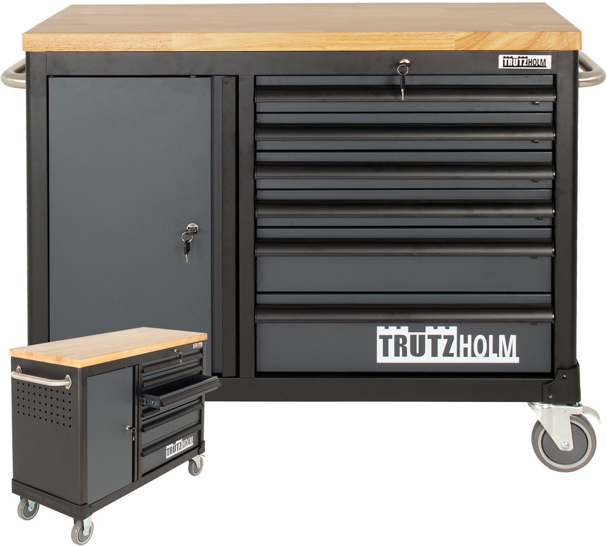 TRUTZHOLM - Werkplaatswagen DELUXE - 6 Laden + Deur - 108 cm Breed - Massief Hardhouten Werkblad - Gereedschapswagen - Antraciet - Leeg