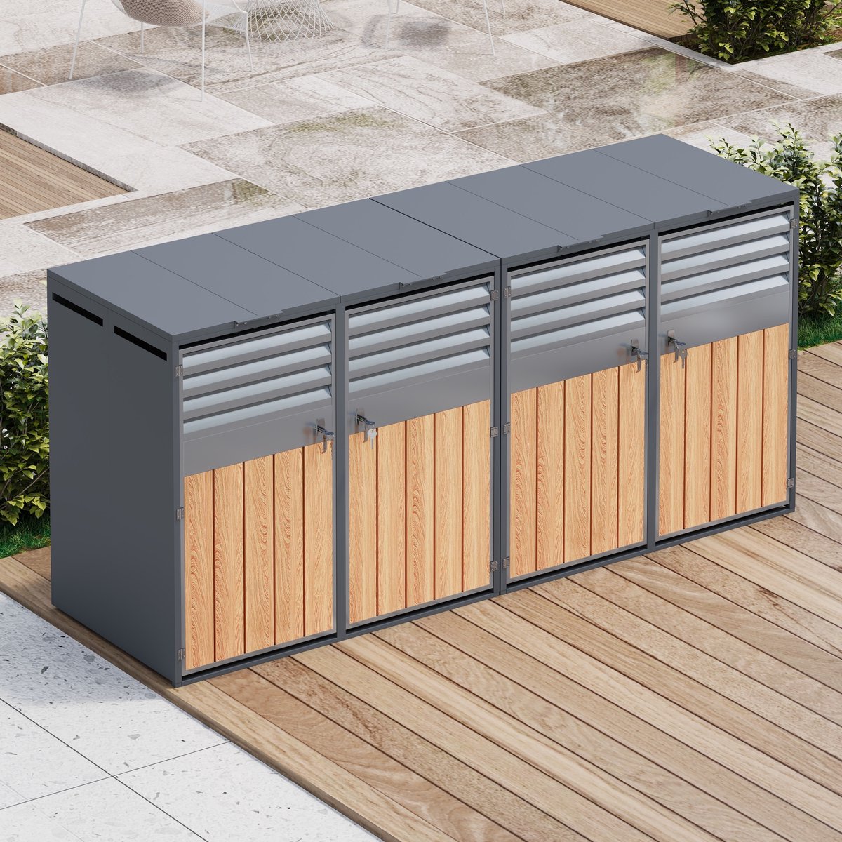 STILVORA Containerombouw – 4 Vakken Met Hydraulisch Klapdeksel – Voor 4 Afvalbakken – Gegalvaniseerd Staal – Grijs Houtlook – Afsluitbaar Voor Buiten