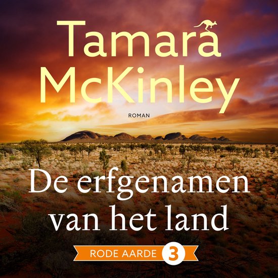Boek "De erfgenamen van het land" door Tamara McKinley. Een roman met een Australische savanne en zonsondergang.