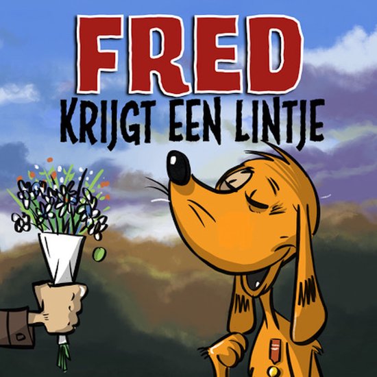 Fred, de hond, ruikt aan een bosje bloemen dat wordt aangeboden. Hij draagt een medaille.