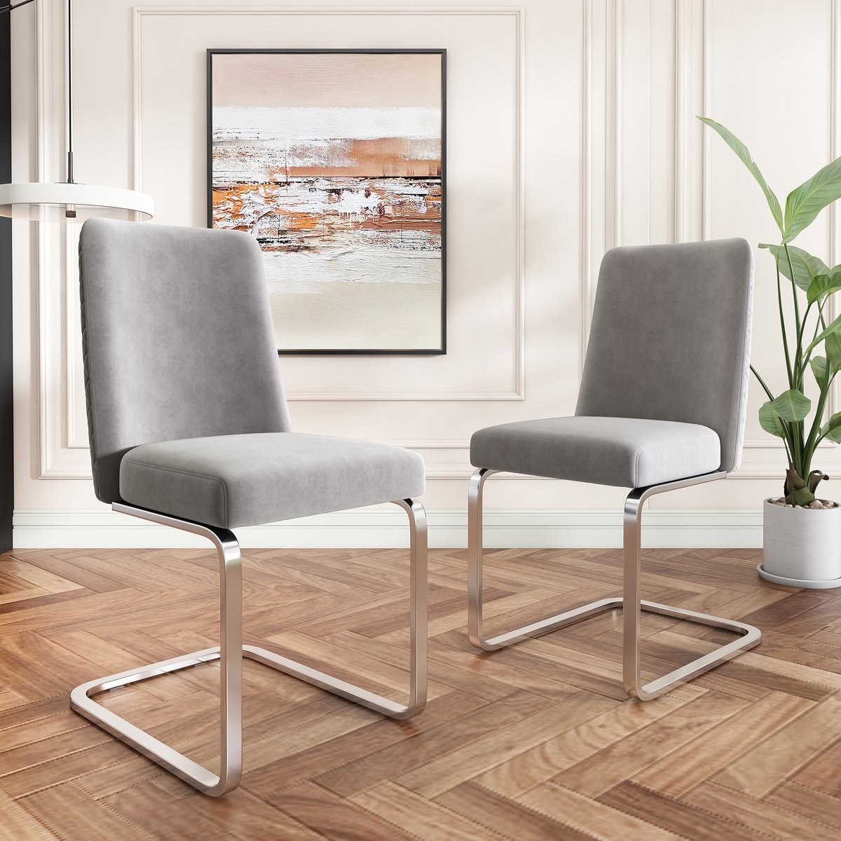 FloraGrace Eetkamerstoel Set Van 2 - Diamant Rug Design En Zachte Bekleding - Voor Eetkamer Woonkamer Of Slaapkamer - Fluweel - Grijs