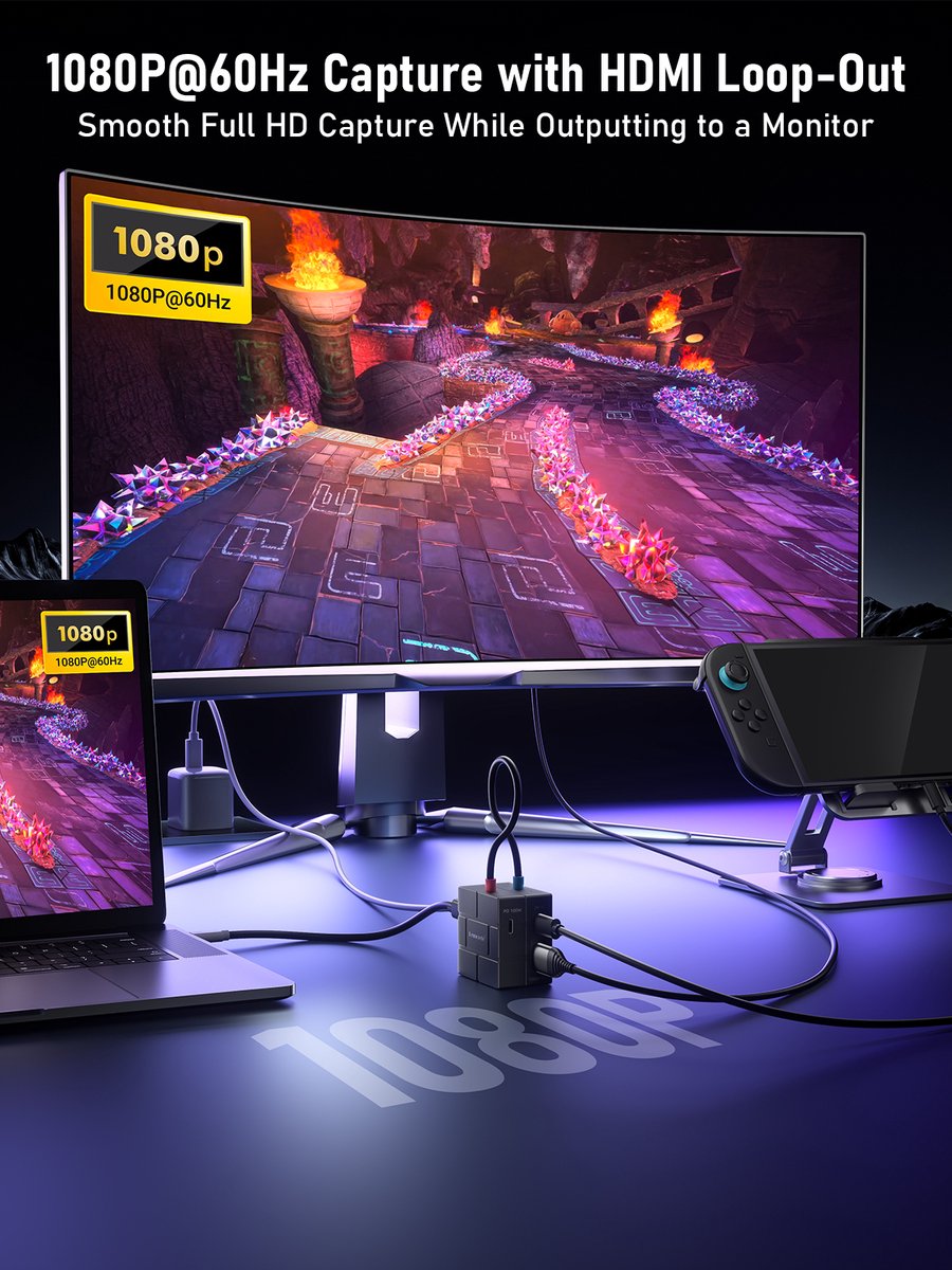 Lemorele AC12 Magnetische Video Capture Card en USB-C Hub - 1080p 60Hz - HDMI Loop-Out - 100W PD thumbnail 4