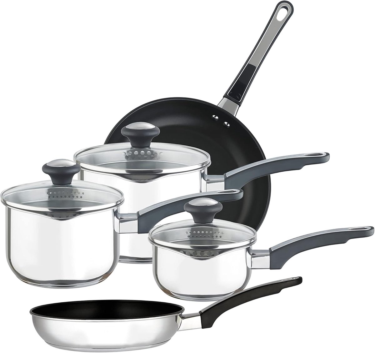 5-delige Roestvrijstalen Kookpan Set met Non-Stick Interieur en Glazen Deksels
