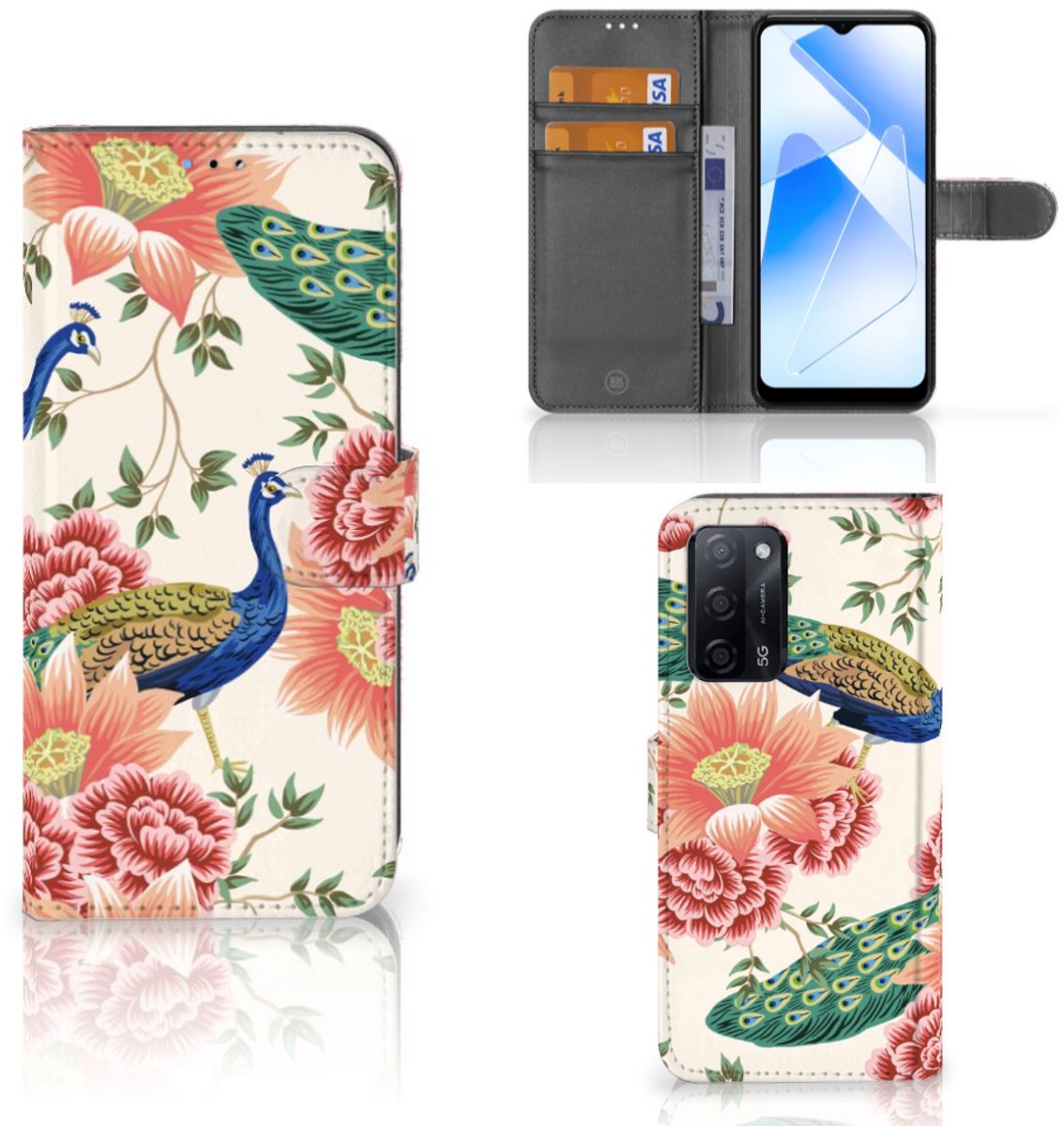 Telefoonhoesje met Pasjes voor OPPO A16/A16s/A54s Pink Peacock