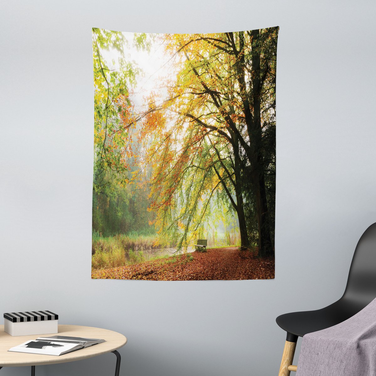 ABAKUHAUS Boswandtapijt en sprei, Herfstbos met vredig uitzicht, 110 x 150 cm, Oranjegroen