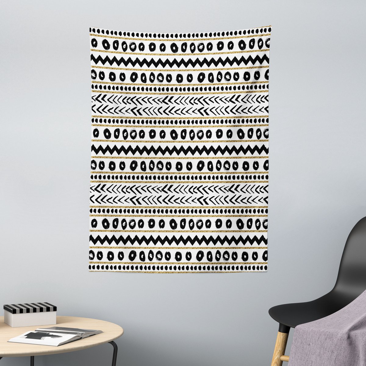 ABAKUHAUS Gestreept Wandtapijt en Sprei, Abstracte Primitieve Stijl, 110 x 150 cm, Zwart Geel