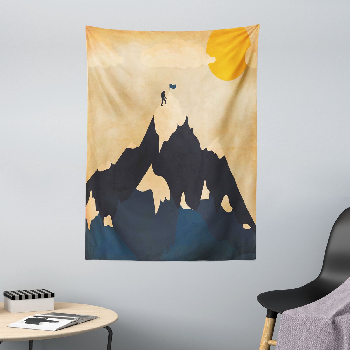 ABAKUHAUS Vintage Wandtapijt, Man op een Bergtop, 110 x 150 cm, Oranje