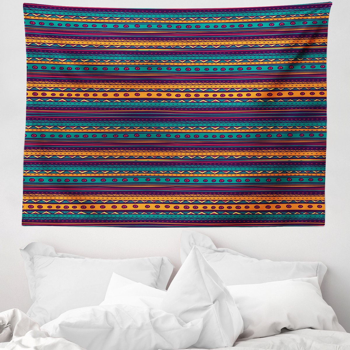 ABAKUHAUS Oranje gestreept wandtapijt en sprei, retro tribale Azteekse kunst, 150 x 110 cm, beige blauw