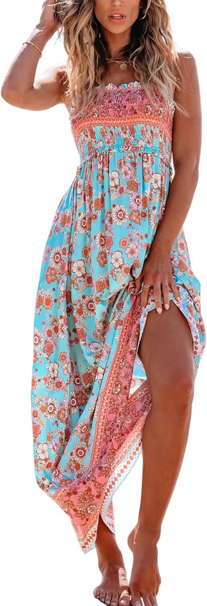 Maxi Dress met Bloemenprint voor Dames - Zomerjurk met Ruches en Spaghettibandjes