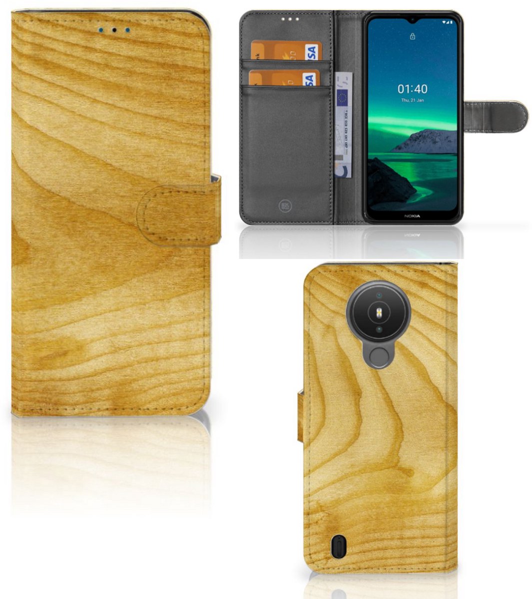 Nokia 1.4 Book Style Case Licht Hout