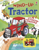 Couverture du livre 'Wind-up Tractor' avec un tracteur rouge, des animaux de la ferme et 4 pistes à assembler.