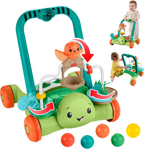 Groen schildpad loopwagentje met vogel, nest, ballen en twee afbeeldingen van baby's.