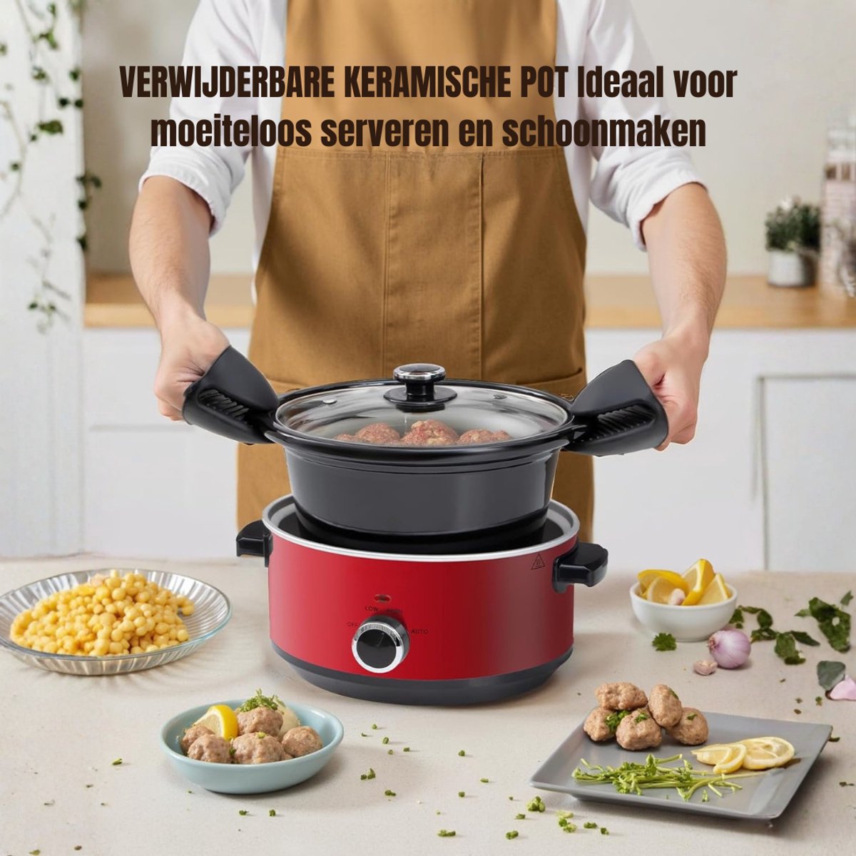 Aurixi® Slowcooker met Timer - Rood - 24cm x 31cm x 20cm - afbeelding 2