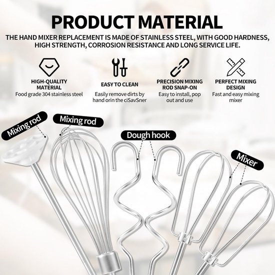 Roestvrijstalen handmixer set 6 stuks, deeghaken, kloppers en mengstaven, vervangende accessoires voor KHM3 KHM5 KHM7 KHM9 — afbeelding 2