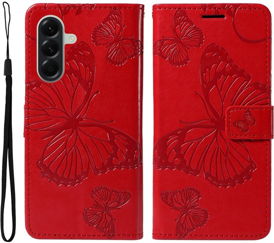 Étui de téléphone rouge à motif papillon, ouvert avec appareil photo du téléphone.
