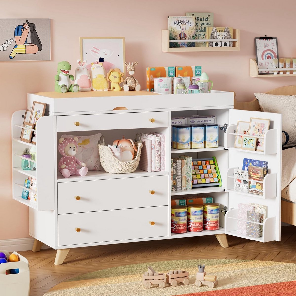 Luiertafel Commode met Afneembaar Rek en Veel Opbergruimte - Babykast met 3 Laden