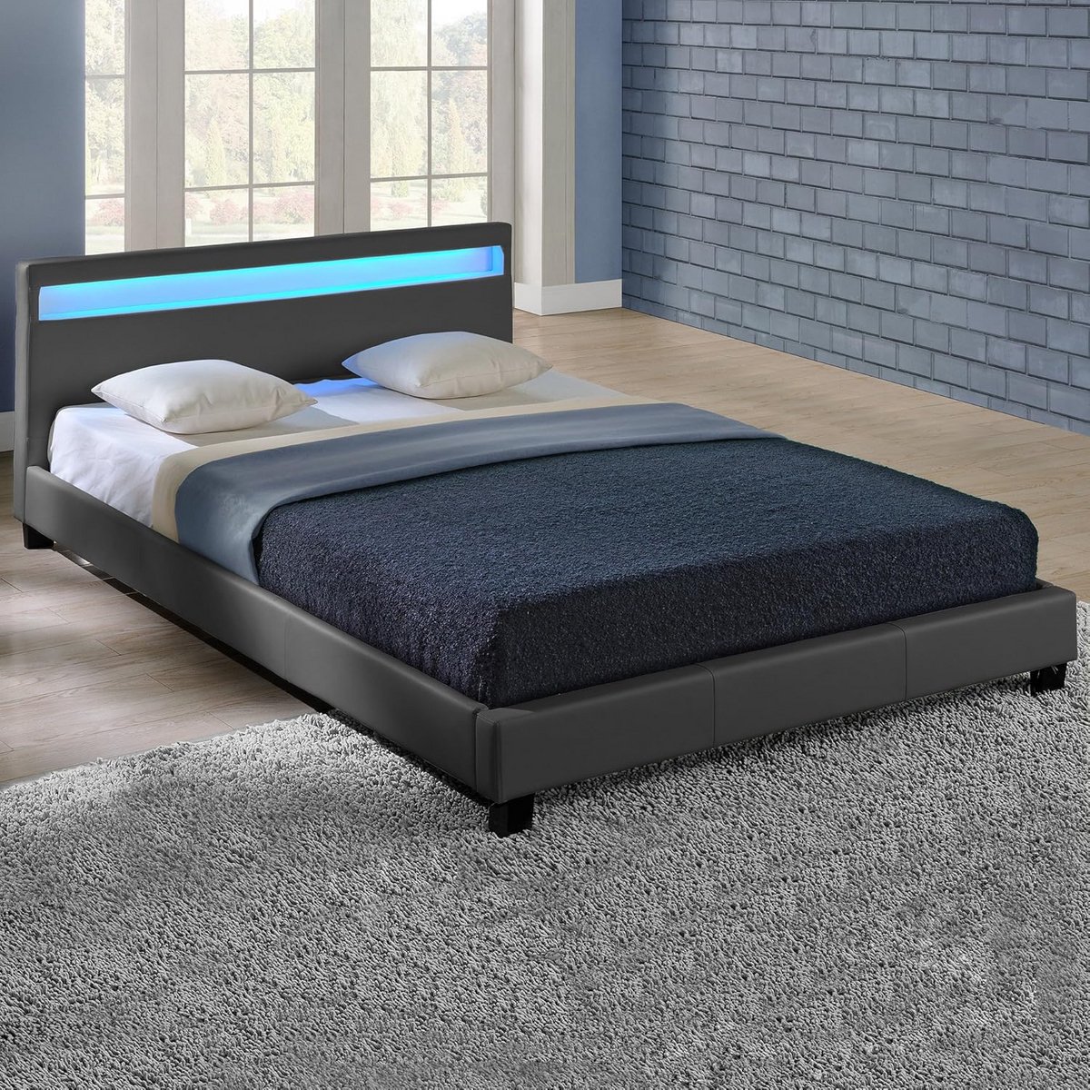 Gestoffeerd Tweepersoonsbed met LED-verlichting en Lattenbodem 180x200 cm Donkergrijs