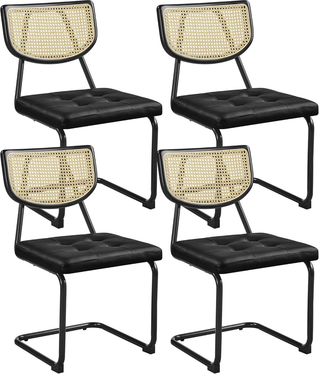 Set van 4 Eetkamerstoelen Zwart Kunstleer en Rotan Rugleuning