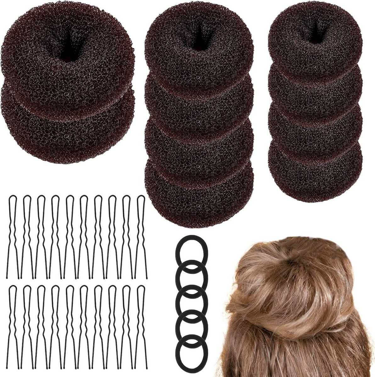 35-delige Set Haarstyling Accessoires: Donut Knotten, Chignon Makers en Haarspelden (Bruin)