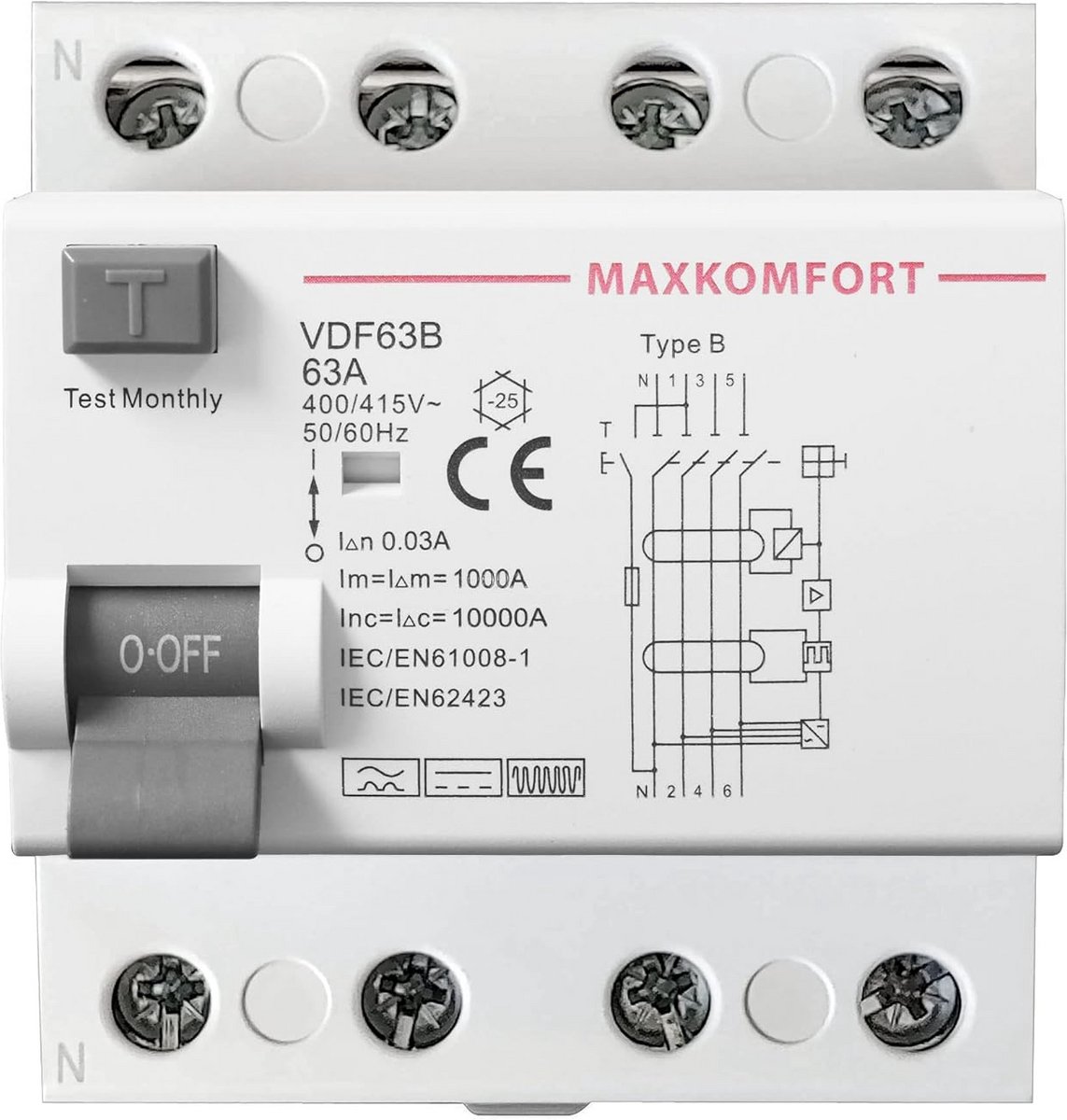 FI-stroomonderbreker type B 63A 30mA 4-polig - Aardlekbeveiliging