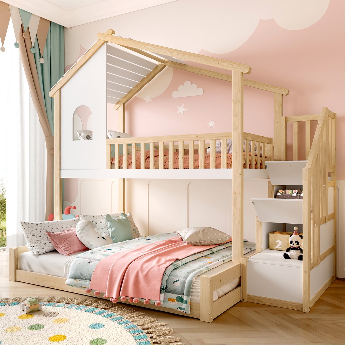 Zubaliya Hoogslaper Kinderhutbed,Kinderhoogslaper Stapelbed, 90x200cm+140x200cm, Bedrail, Opbergladder, Raam, Huisrail, Naturel+Wit