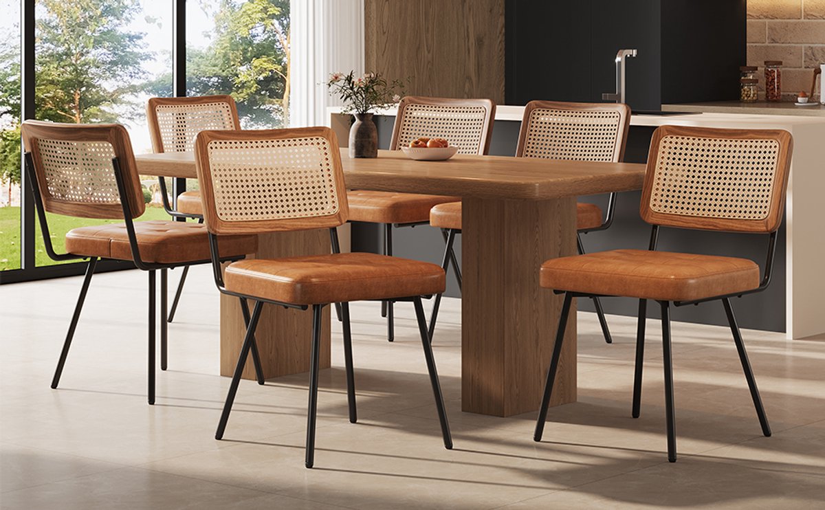 MIVRAY Eetkamerstoel 61x46x79 Cm - Ergonomisch Met Rotan Rug & Zacht Kussen - Voor Eetkamer Woonkamer Balkon - Metaal Pu Bruin