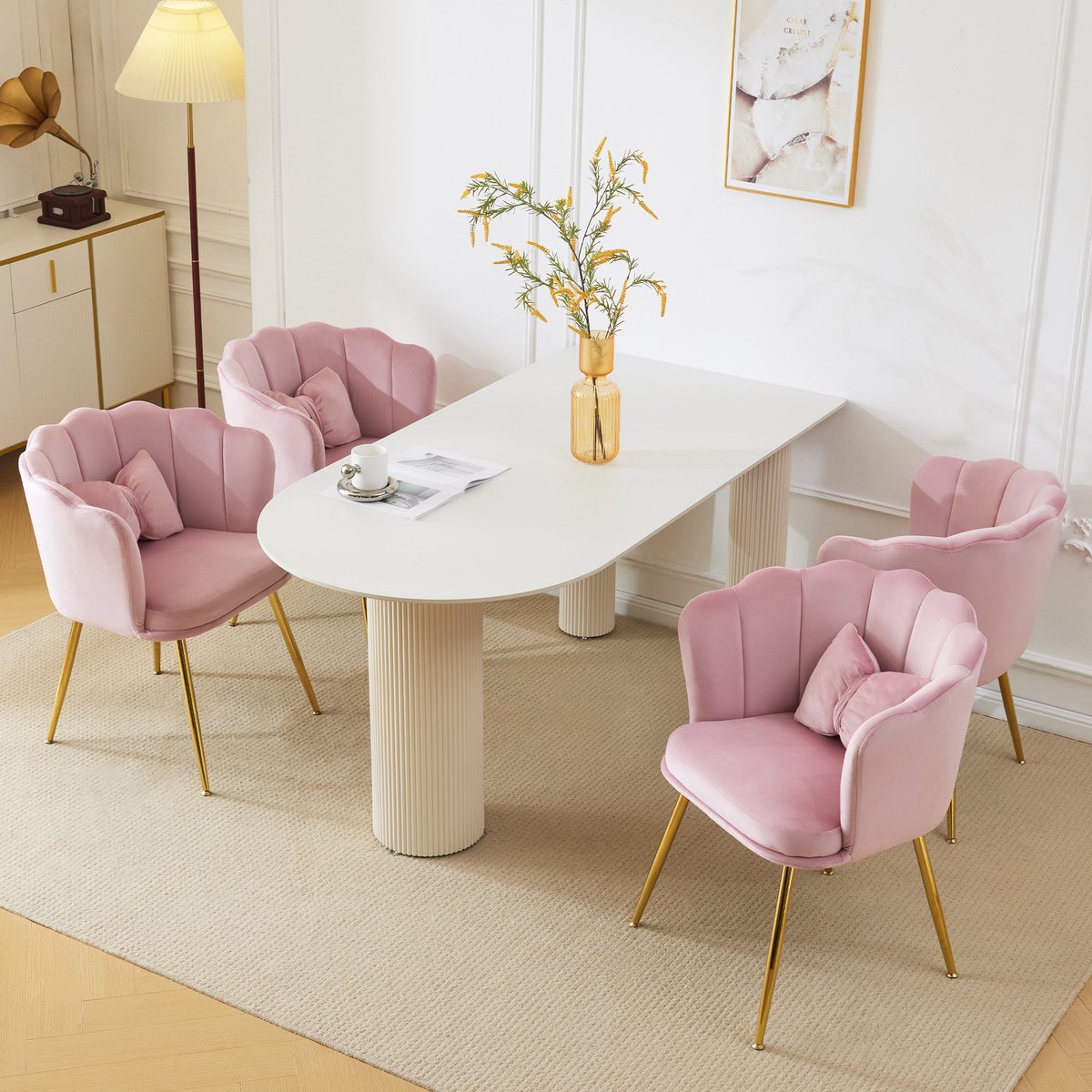 MIVRAY Eetkamerstoel 4-Delige Set - Bloemblaadje Rugleuning Met Kussen - Ergonomisch Comfort - Metalen Poten - Fluweel Roze