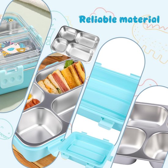 Kinder Lunchbox met 4 Compartimenten - RVS 304 - Lekvrij - Inclusief Bestek — afbeelding 3