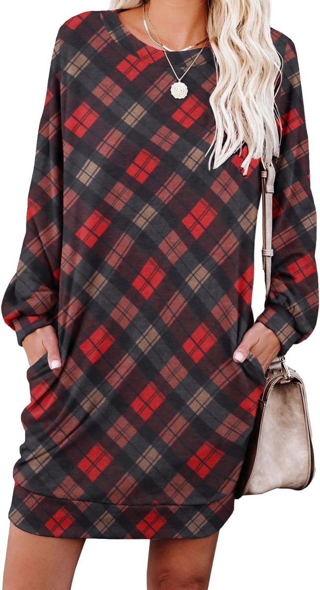 Dames Gebreide Trui Jurk Lange Mouwen Casual Losse Mini Jurk met Zakken
