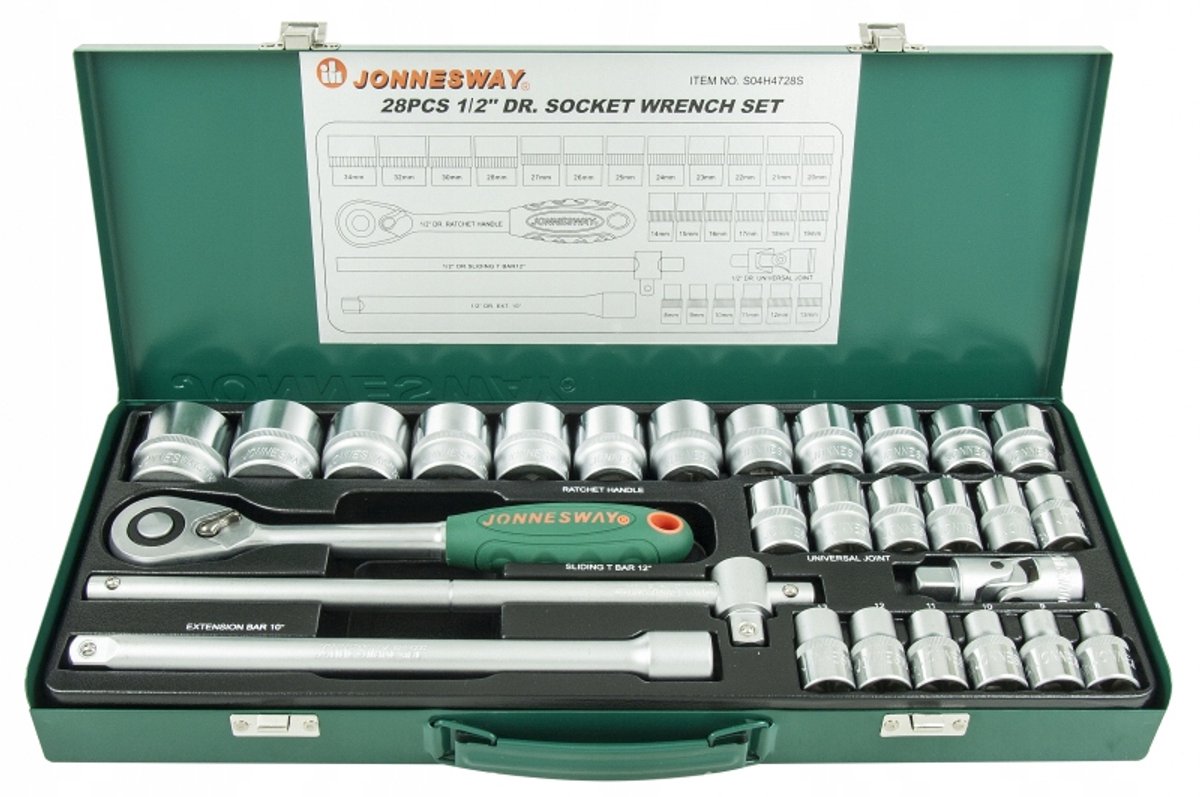 Jonnesway Doppeldoppen Set 1/2" 8-34 mm 28 Delig metalen behuizing