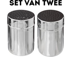2-delige Poederstrooierset – Fijne & Grove Zeef – Strooier - Suikerstrooier - Strooibus - Bloemsuiker Cacao Suiker - RVS Cacaostrooier & Poedersuikerstrooier – Barista Tools – Inox – 10 x 7 cm