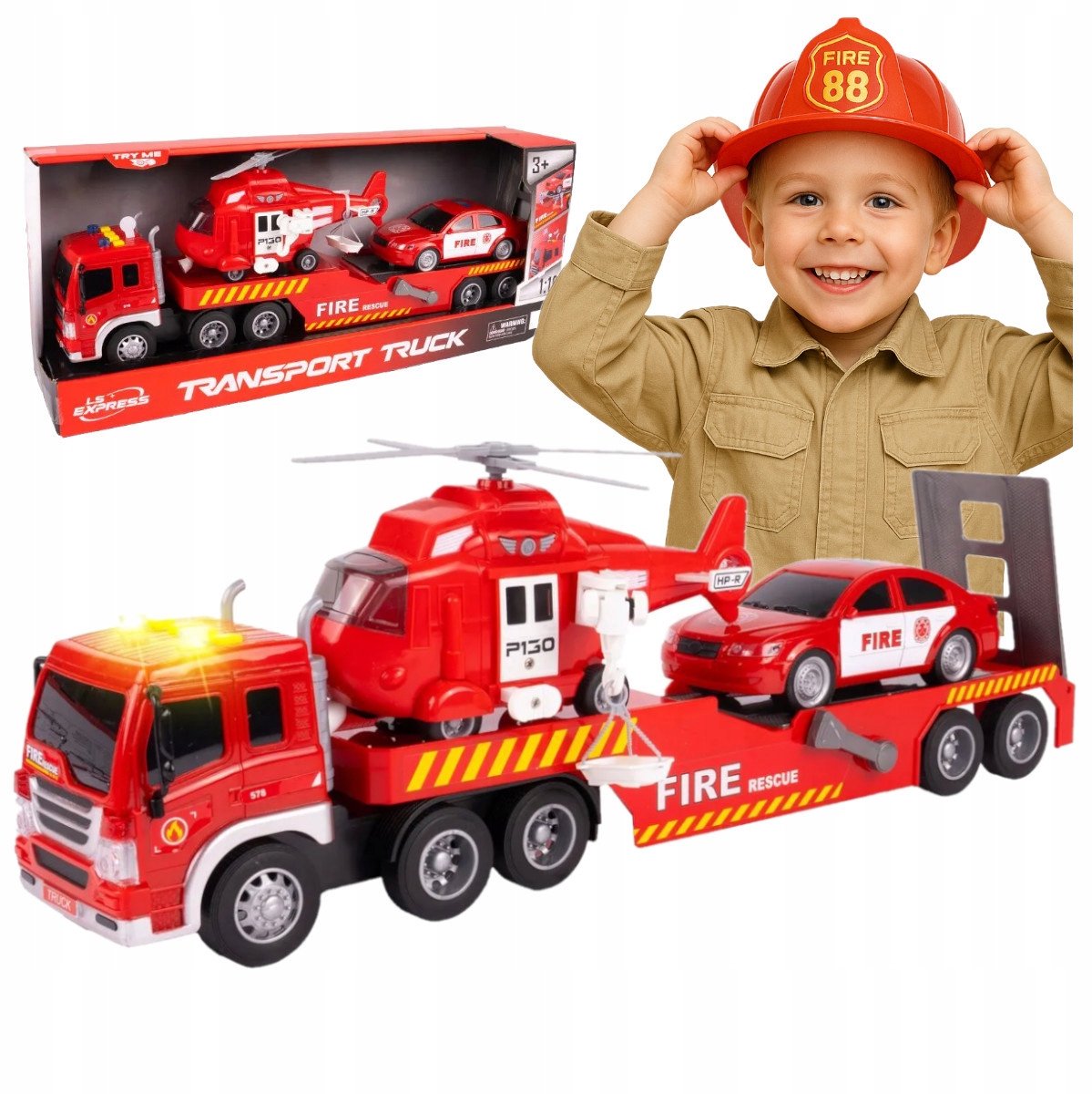 Brandweer Truck met aanhanger, helikopter & auto, LED