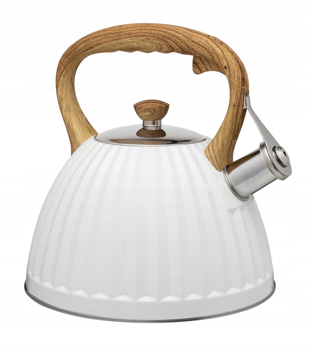 Wit RVS Ketel met Fluitje - 2.8L - Inductie & Gas - Wit/Houtlook