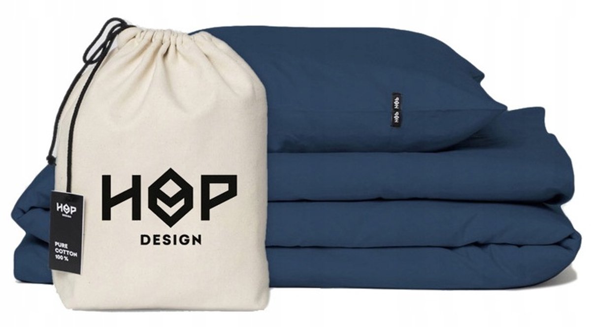 HOP DESIGN Katoenen Dekbedovertrek 140x200cm + Kussensloop 70x80cm - Gedempt Blauw