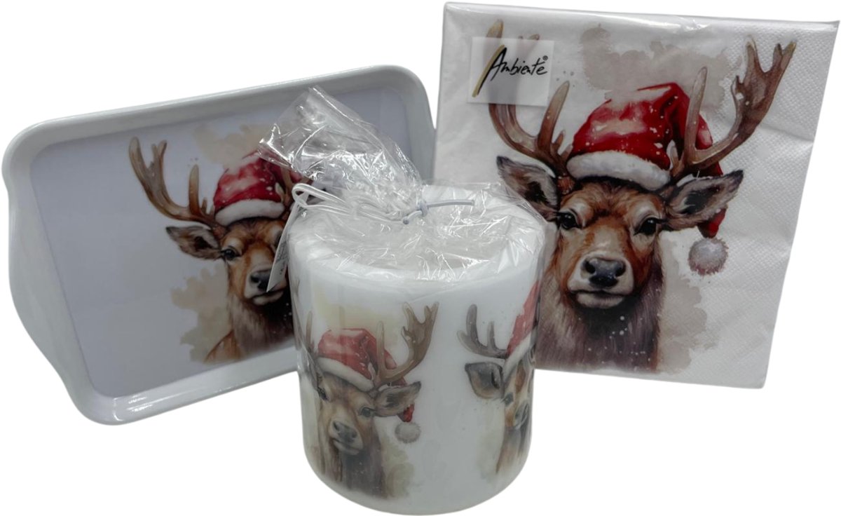 Set: Kaars - 20 servetten - dienblad Deer with Santa hat | 514547 | Ambiente