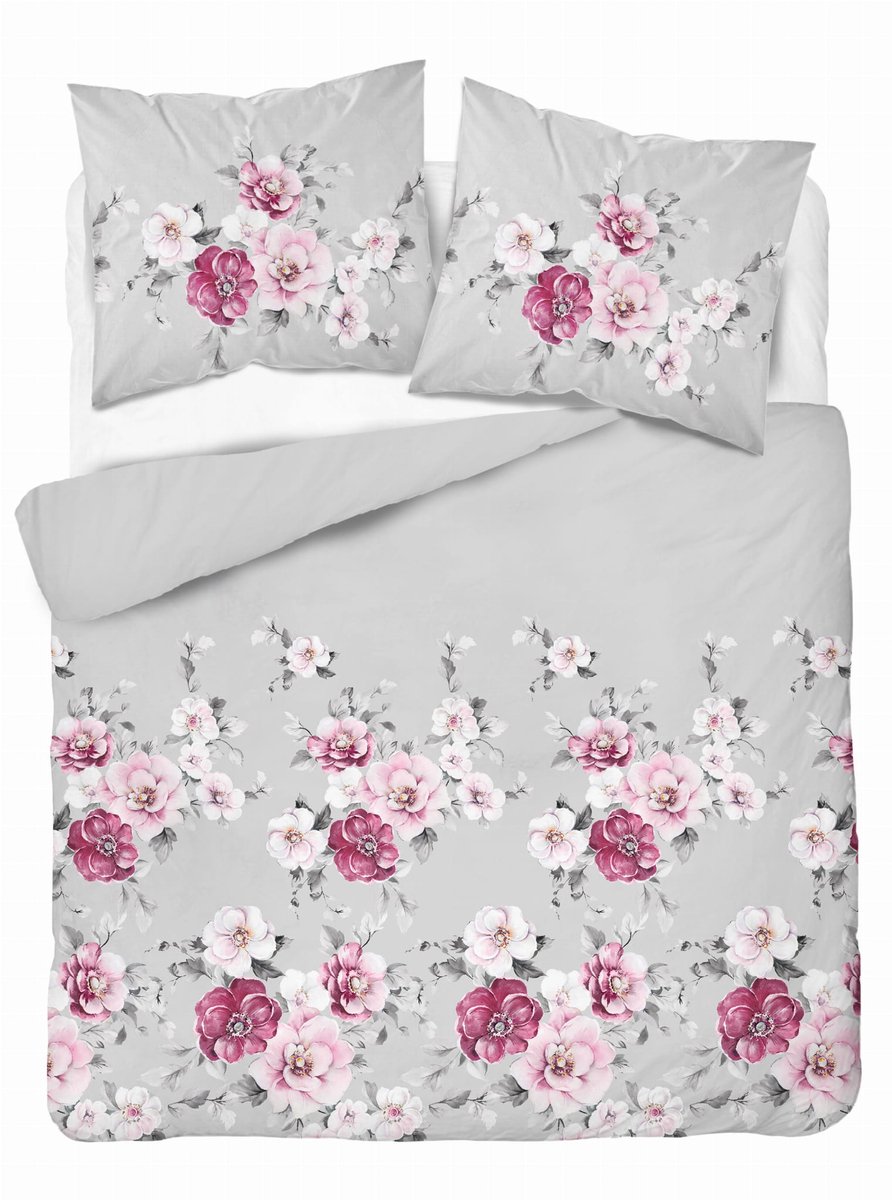 Katoenen Dekbedovertrek 200x220cm - Grote Roze Bloemen & Grijs