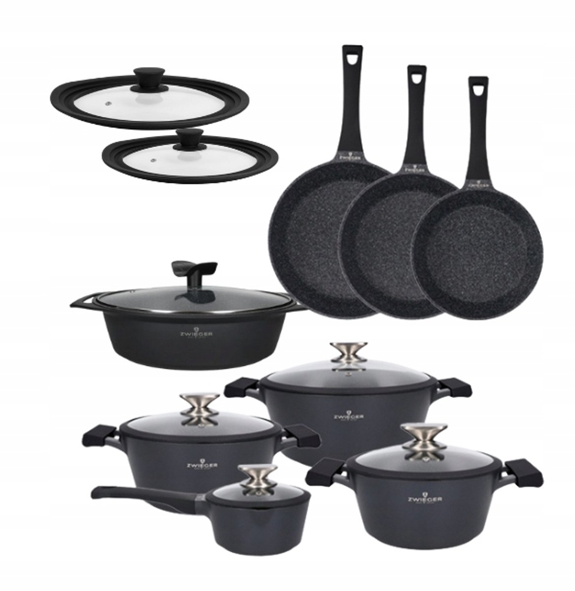 Zwieger Black Stone Pannenset met Pannen, Braadpan & Deksel - 15 Delig