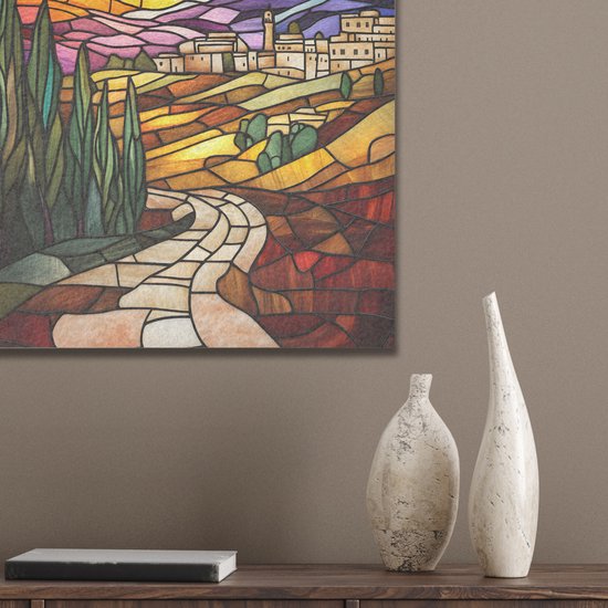 Akoestisch wandpaneel 30x40 cm - Vilt schilderij Mozaïek - Zon - Landschap - Dorp - Akoestische panelen - Geluidsdempende wanddecoratie - Geluidsisolatie woonkamer - Muurdecoratie geluidspanelen