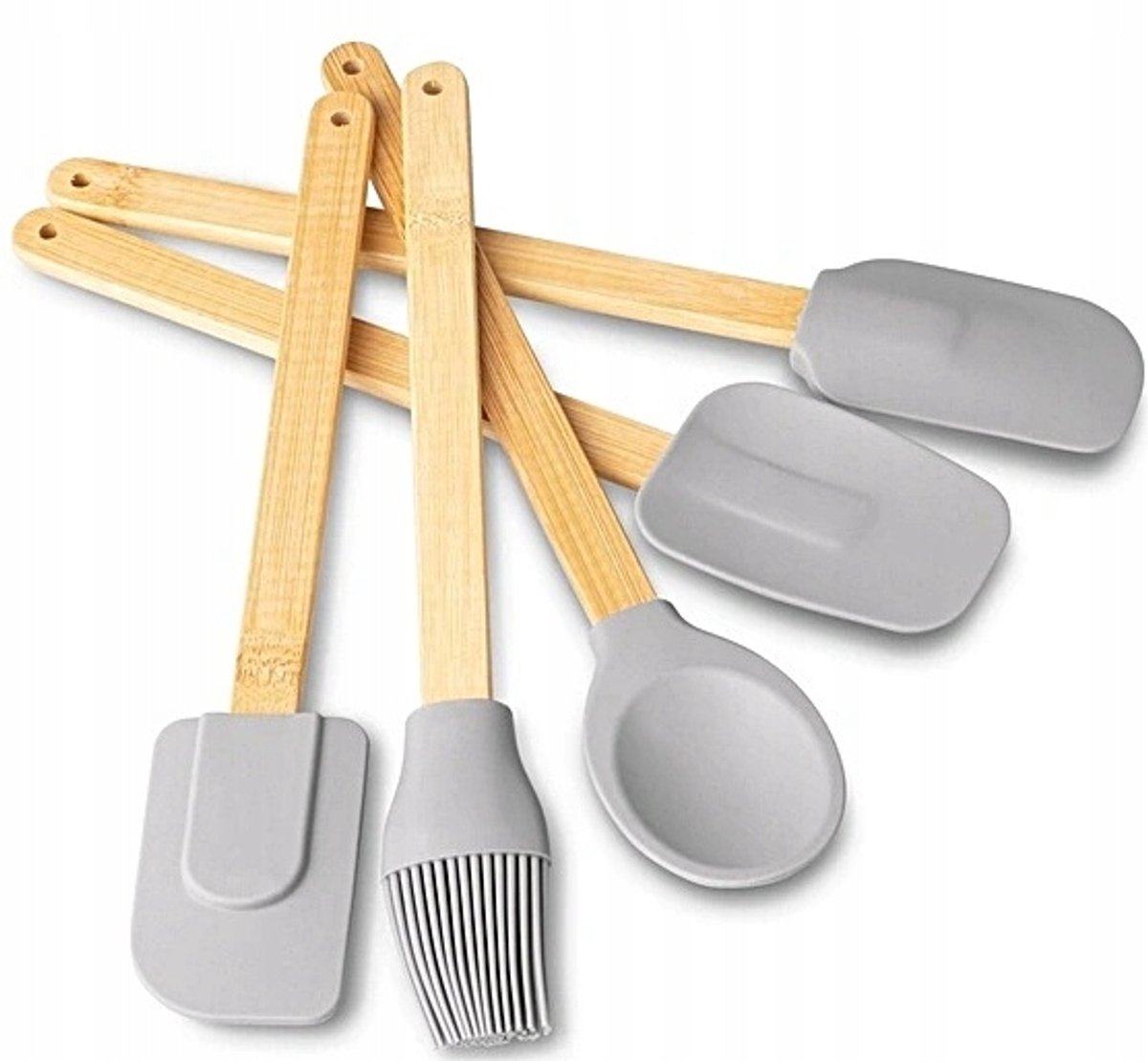 Tadar Silico Keukengerei Set: 5-delig met Houten Handvatten - Grijs