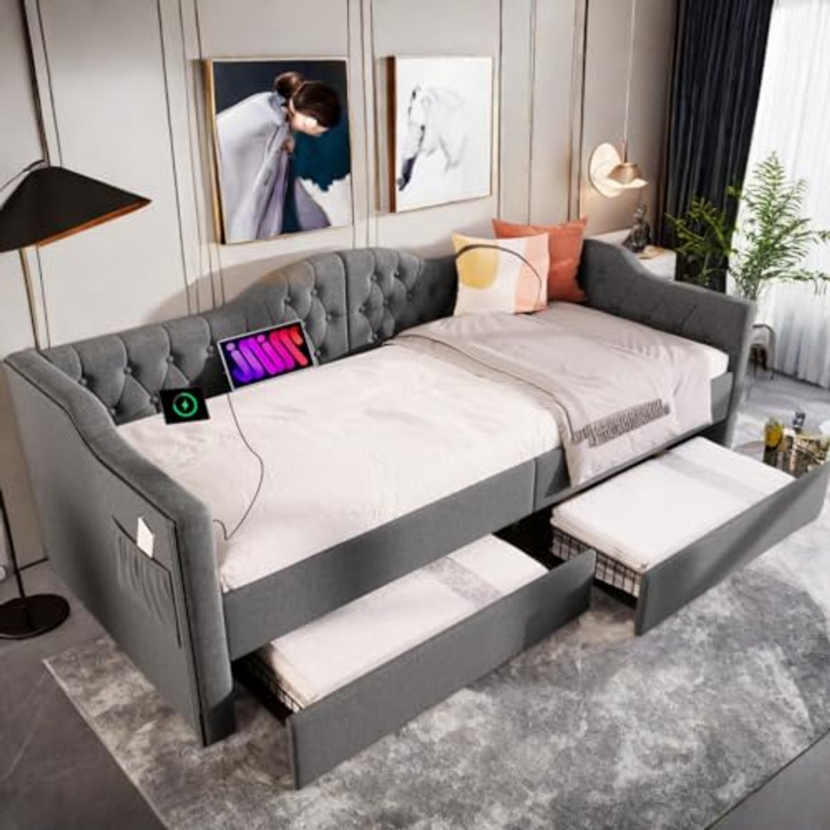 Eenpersoons bed 90x190 cm met slaapbank en lade, gestoffeerd bed met USB-C oplaadfunctie in grijs linnen